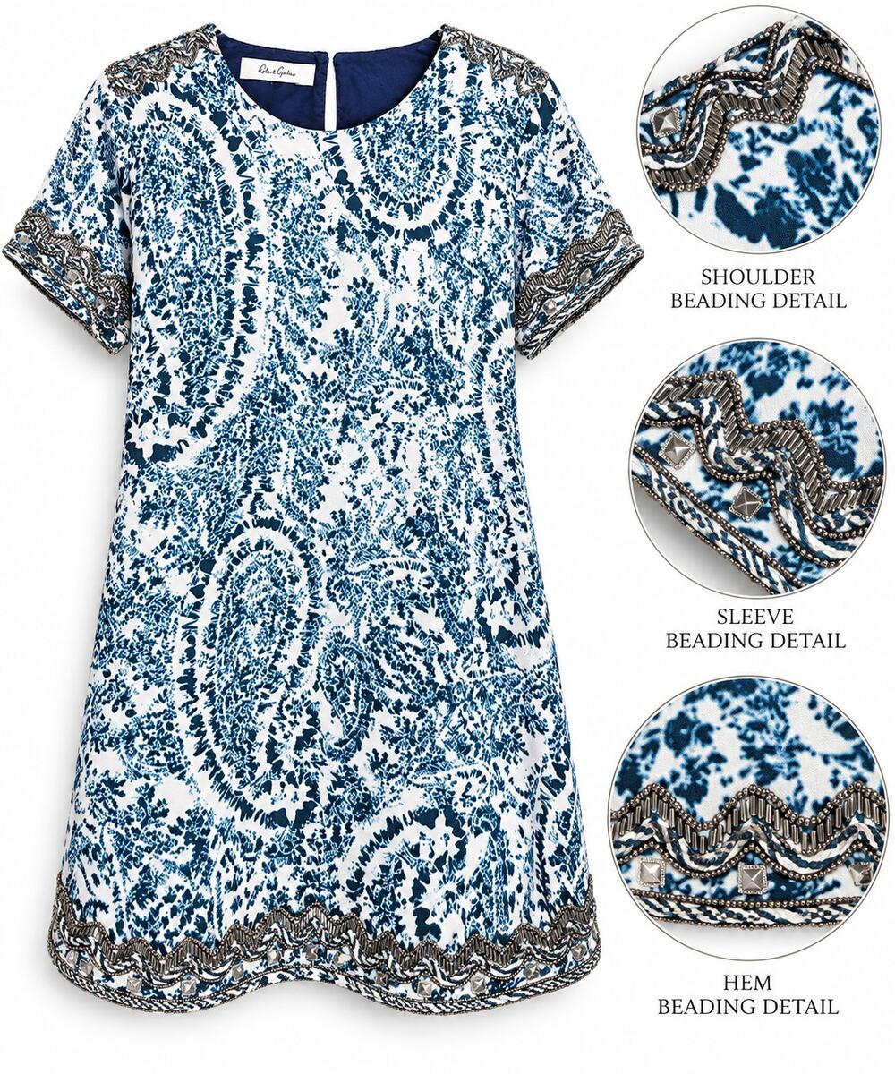 Robert Graham Paisley Shift Dress Blue White Silk Lined Beaded Embellished M